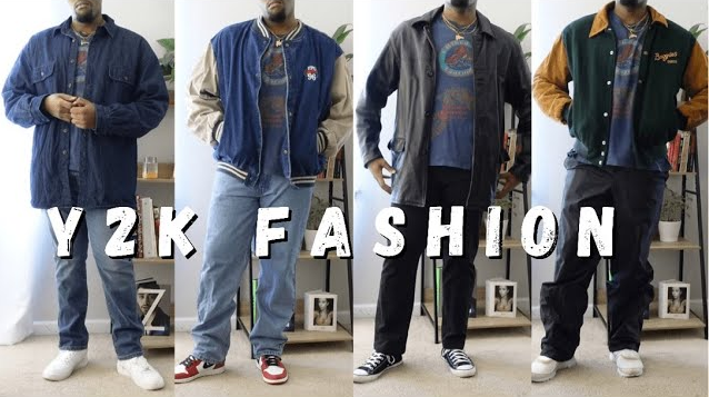 Quatro combinações de roupas masculinas inspiradas na moda Y2K, com jaquetas oversized, calças largas e tênis casuais